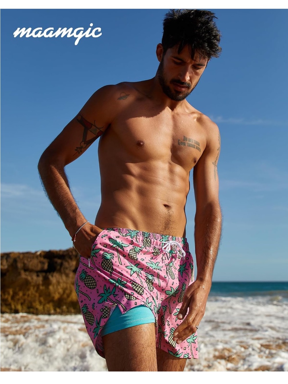 Pink Pineapple Print Drawstring Swim Trunks
